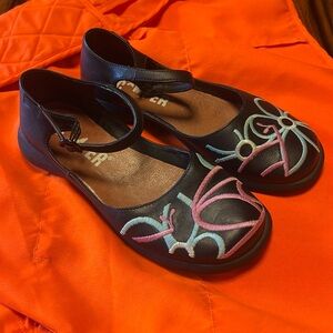 Black Leather Camper Maryjane strap Sandals, 90s wide toe pastel embroidered